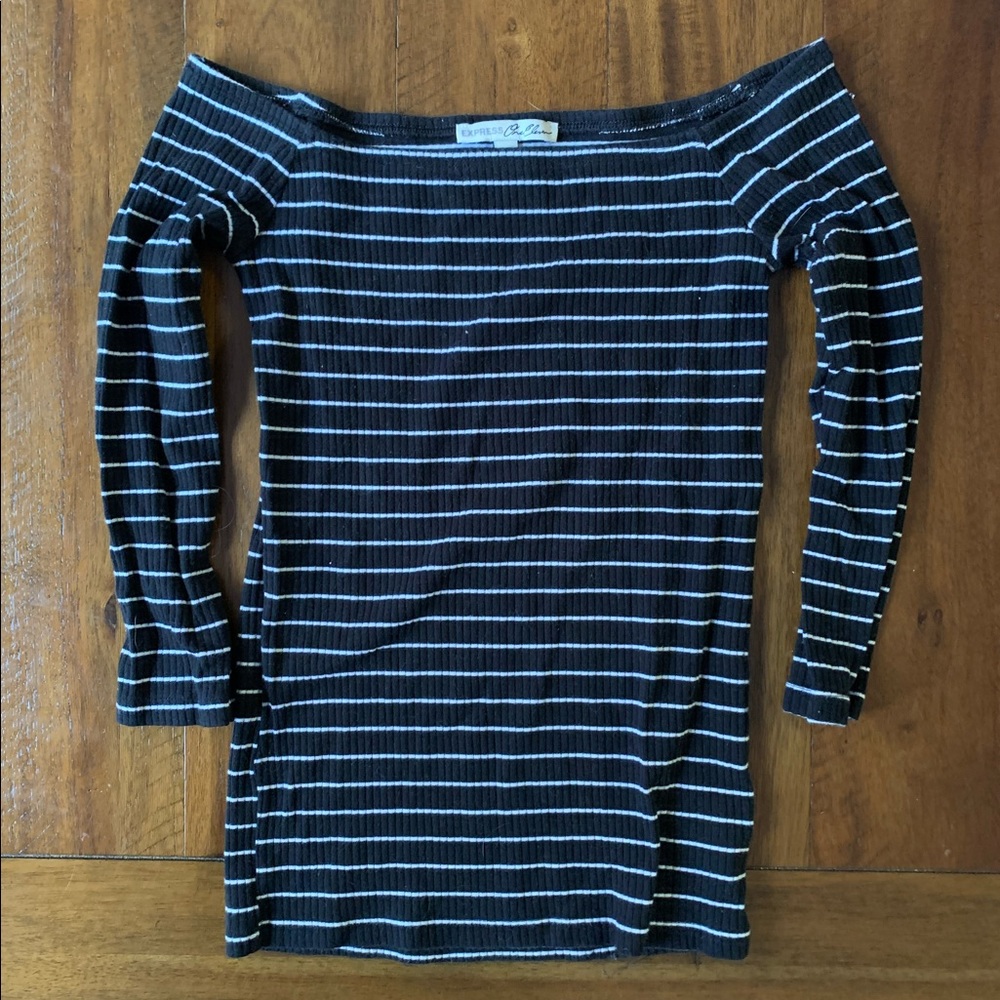 Express One Eleven Ribbed Striped 3/4 Sleeve Off the Shoulder Top